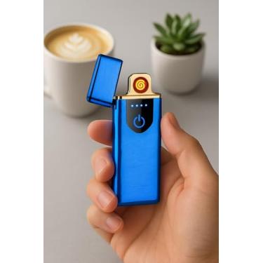 Imagem de Isqueiro Preto Usb Recarregável Eletrônico Rechargeable Acendedor Esqueiro Usb, isqueiro à prova de vento, isqueiro de metal de bolso, incenso, acampamento (Azul)