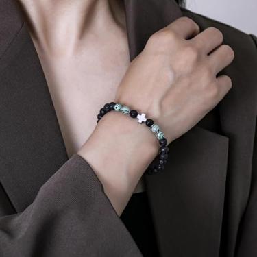 Imagem de Pulseira de contas feita à mão para homens e mulheres, cordão elástico com pedra natural e contas de destaque, joia de pulso ajustável, 7.68Inches, Rocha vulcânica, Sem Pedra Preciosa