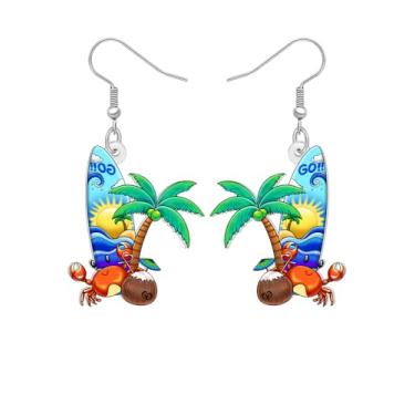 Imagem de Brincos pendentes de praia tropical havaiana, festa de luau de verão com boia de caranguejo, prancha de surf, palmeira, bebida de coco, designs de anel de natação arco-íris de concha, pingente de