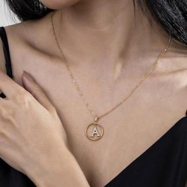 Imagem de Colar de strass com inicial A-Z - Joias delicadas com pingente circular com corrente ajustável, colar de alfabeto personalizado para mulheres,, F, Aço inoxidável, Sem Pedra Preciosa