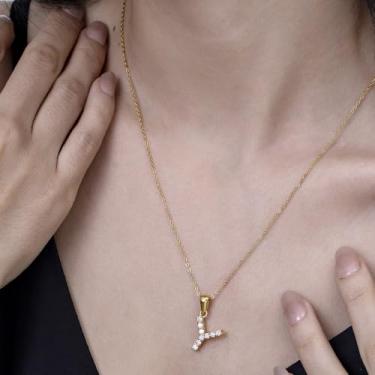 Imagem de Colar com pingente de cristal banhado a ouro 18 K - joia com monograma de strass para presentes personalizados e uso diário, F, Aço inoxidável, Sem Pedra Preciosa