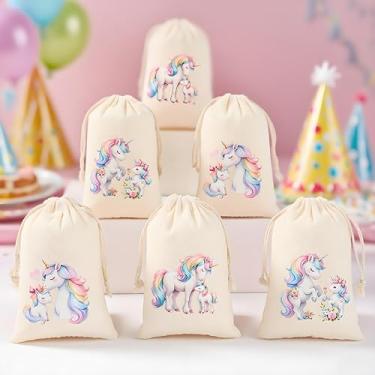 Imagem de 6 peças pequena bolsa de presente colorida com cordão de unicórnio, lindas sacolas de embalagem de presente de festa de aniversário, decoração de lembrancinhas de festa, pequenos pacotes com cordão
