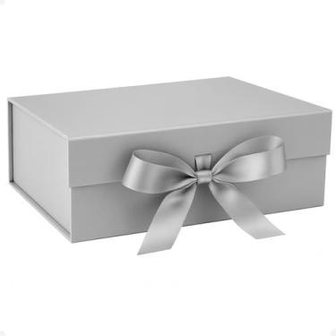 Imagem de Caixa De Presente DobráVel Em PapelãO Com Fecho MagnéTico E Fita De Cetim(Prata,(G) - 33x25x12 CM)