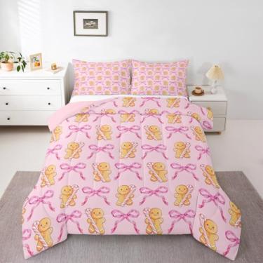Imagem de Feelyou Conjunto de edredom de Natal rosa para crianças, solteiro, fofo, Natal, pão de gengibre, para meninos e meninas, adolescentes, kawaii, laço, inverno, férias, edredom para decoração de quarto