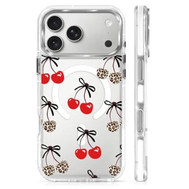 Imagem de OKBUOK Capa para iPhone 17 Pro Max [compatível com Magsafe], capa magnética transparente de silicone à prova de choque com estampa de leopardo fita preta cereja preta