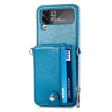 Imagem de Capa de couro para celular com compartimento para cartão para Samsung Galaxy Z Flip4 flip5 5G Flip 5 4 flip3 flip 3 Zflip4 com alça de telefone capa carteira, azul, para Samsung z flip 5