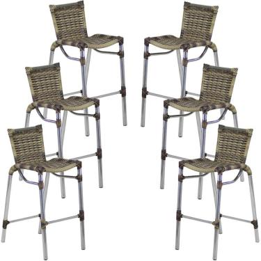 Imagem de Kit 6 Banquetas Alumínio Fortaleza Alta Para Balcão Cozinha Bar Trama Original Capuccino