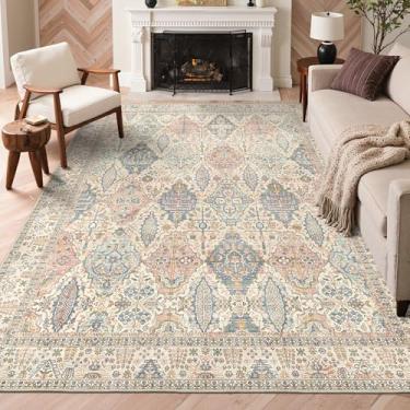 Imagem de GENIMO Tapetes de área 7,5 x 12,5 cm para sala de estar, laváveis à máquina, tapetes vintage antiderrapantes, tapete leve com estampa de chenille para quarto, sala de jantar, escritório em casa, creme