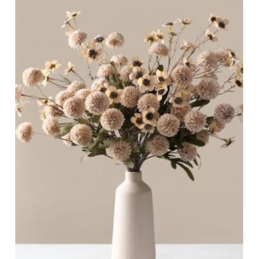 Imagem de HyeFlora Flores Kiku falsas, pompom de seda sintética, flores artificiais, 40 cabeças, hastes de crisântemo, arranjos florais, flores secas, vintage, decorativo, interior, vaso de decoração bege com