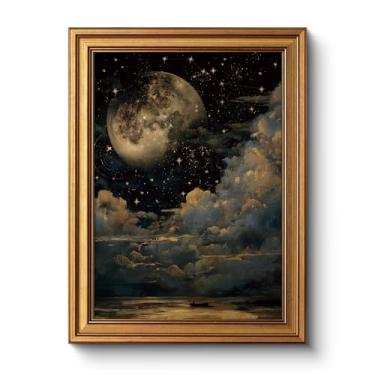Imagem de WHASAYART Arte de parede emoldurada em ouro vintage, estrelas e lua, 30,5 x 40,6 cm