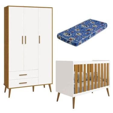 Imagem de Berço Americano E Guarda Roupa Infantil 3 Portas Isis Branco Acetinado Savana Com Colchão Ortobom