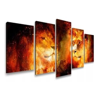 Imagem de Kit quadro decorativo 5 peças 95x60cm Leão Leoa Fogo Tribo Judá