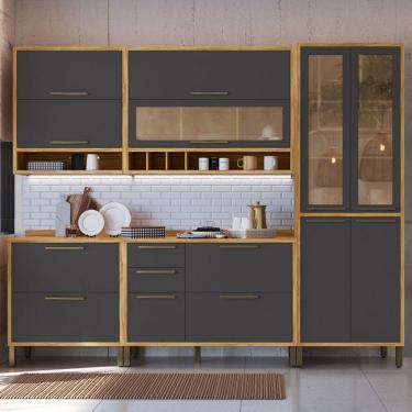 Imagem de Armário de Cozinha com Balcão e Tampo 11 Portas 4 Gavetas Pérola 100% Mdf Vidro Reflecta Amêndoa/Cinza - Pnr Móveis