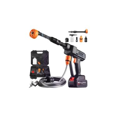 Imagem de Pistola Lava Jato Portátil Recarregável, Preta, 8 Peças, Bateria de Lítio, 27x30x12cm, com Reservatório 300ml, Bivolt, para Limpeza de Carros, Motos e Calçadas