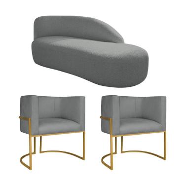 Imagem de Kit Divã Luna 160cm Lado Direito E 02 Poltronas Base De Ferro Dourado Suede Cinza