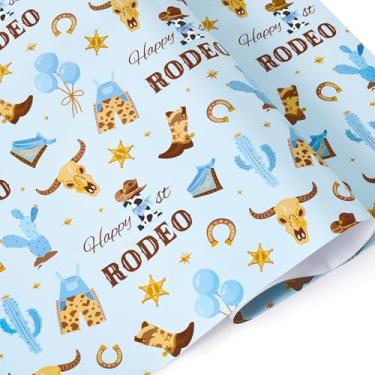Imagem de WERNNSAI Papel de embrulho Cowboy 1st Baby Shower - 6 folhas 50 cm x 69,8 cm Papel de embrulho para presente de bebê menino azul design de cowboy para festa de feliz primeiro aniversário
