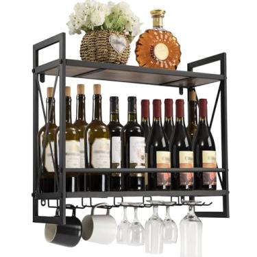 Imagem de Prateleira de vinho montada na parede Farmhouse Prateleira de vinho vintage industrial prateleira de parede de cozinha de 2 camadas com suporte de taças para casa, bar, cozinha, sala de jantar