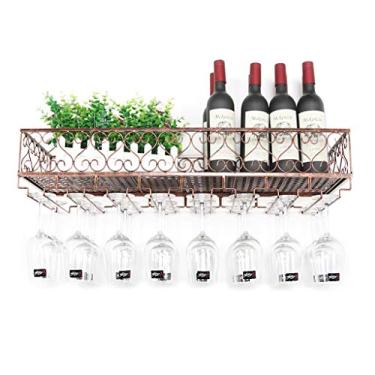 Imagem de Prateleiras de vinho montadas na parede prateleiras flutuantes cozinha bar garrafa de vinho organizador organizador de parede taças de vinho, bronze vintage (tamanho: 80 × 25 cm (32 × 10 polegadas))