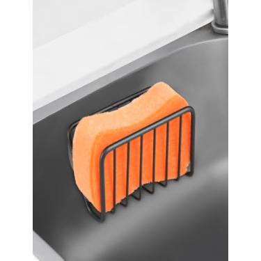 Imagem de Suporte de esponja para pia de cozinha, suporte de esponja de metal com ventosas, cesta de arame aberta de secagem rápida, para sabonete, tampa de pia, escova de pratos, lã de aço (preto)