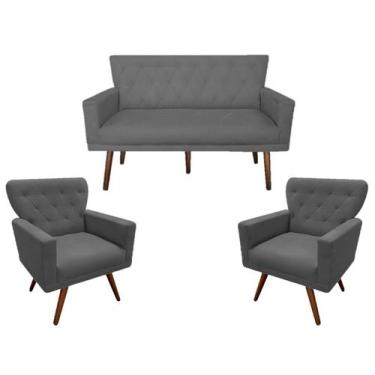 Imagem de Kit Namoradeira + 2 Poltronas Decorativa Aurora Suede Cinza Pés Madeir