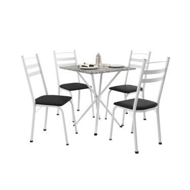 Imagem de Conjunto de Mesa Quadrada com Tampo Granito e 4 Cadeiras Léia Revestimento Sintético Preto e Branco