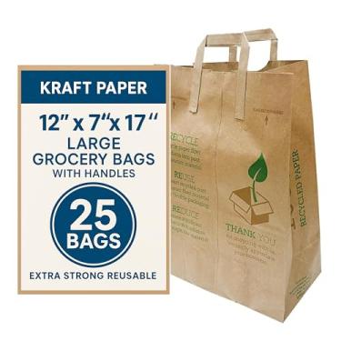 Imagem de Gennzee 30,5 cm x 17,8 cm x 43,2 cm Pacote com 25 70# Peso Base Marrom Impresso Saco de Compras 100% Reciclado com Alças Papel Kraft