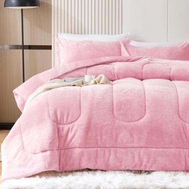 Imagem de YIYEA Conjunto de edredom queen fofo, edredom luxuoso de pele sintética, de veludo felpudo ultramacio para outono e inverno, aconchegante e quente, sem queda, 3 peças, Queen, rosa