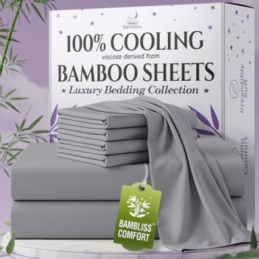 Imagem de SLEEP SANCTUARY Viscose 100% orgânica derivada de lençóis de bambu tamanho casal 6 peças - ultra macio e refrescante, bolso profundo de 43 cm, costura dupla, perfeito para quem dorme quente - Lençóis