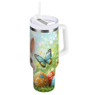 Imagem de ATTX Copo de coelho fofo da Páscoa de 850 g com alça, copo de aço inoxidável a vácuo de parede dupla com palha, caneca de café de viagem isolada #93