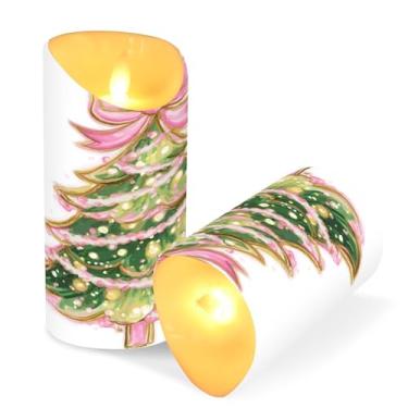 Imagem de Blueangle Pacote com 2 velas de árvore de Natal rosa sem chama com controle remoto e temporizador, velas LED cintilantes (7,6 cm x 15 cm) para decoração de casa, casamento, acampamento (843)