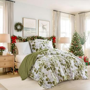 Imagem de Conjunto de edredom leve Seersucker botânico, tamanho solteiro, edredom de cama reversível, conjunto de cama de microfibra premium, conjunto de edredom e fronha, verde-oliva