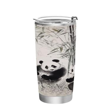 Imagem de Wassud Pintura a tinta de Happy Panda copo de 350 ml com tampa e canudo, copo isolado a vácuo de parede dupla de aço inoxidável caneca de café de viagem para bebidas frias e quentes