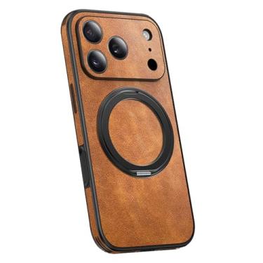 Imagem de POYUFRG Capa magnética para iPhone 17 Pro Max/17 Pro/17 Air/17, capa de couro genuíno retrô fina com suporte de anel e capa de proteção para câmera, marrom, 17 ProMax