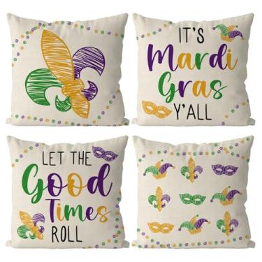 Imagem de QIONG MENG Capas de almofada para carnaval 40,6 x 40,6 cm, conjunto de 4 contas, máscara de baile de máscaras, fronha, flor-de-lis, decoração para sala de estar, decoração de carnaval