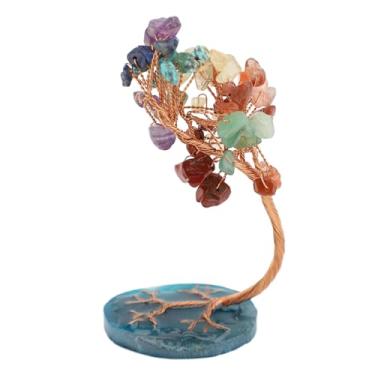 Imagem de Cristal fluorita Árvore do dinheiro Base de fatia de ágata Feng Shui Bonsai Mini ornamento para riqueza, sorte Decoração de mesa Fio de cobre feito à mão Estatueta de árvore da