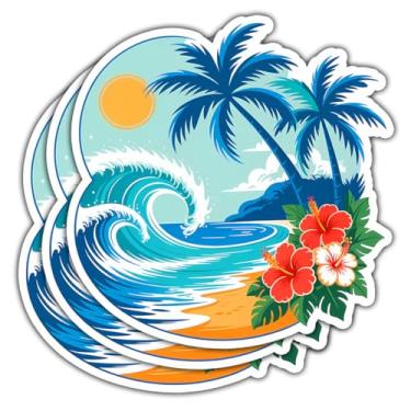 Imagem de 3 peças de adesivos de onda de praia tropical, decalque de vinil de pôr do sol do oceano com flor de hibisco, adesivos estéticos de verão paraíso à prova d'água para laptop, garrafa de água, prancha