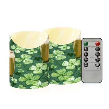 Imagem de Wassud Pacote com 2 copos de cerveja e trevos (2) velas sem chama com controle remoto, velas realistas cintilantes com temporizador, velas decorativas para Natal, casamento, festa, decoração de casa