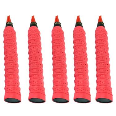 Imagem de Pacote com 5 Overgrip perfurado antiderrapante - Fita de aderência de raquete de badminton de tênis super absorvente, melhor absorção e controle de suor (vermelho)