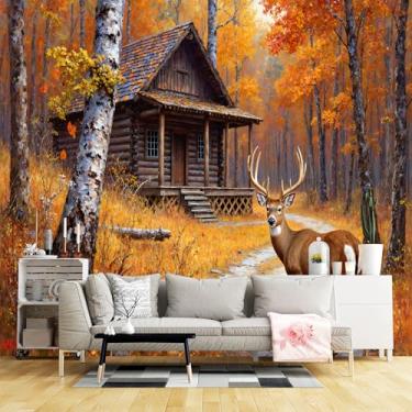 Imagem de Murais de parede de tamanho personalizado, cabana de madeira rústica outono floresta tecido de parede autoadesivo (sem PVC) papel de parede grande removível para sala de estar, quarto, escritório