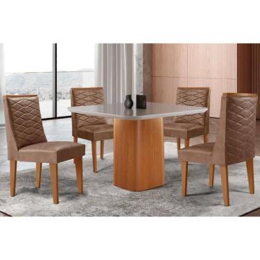 Imagem de Sala Jantar Mesa Maldivas Tampo c/ Vidro Curvo 90cm+4 Cadeiras Dafne Madeira Naturale/Off White - Capuccino/Corano Capuccino - Rufato