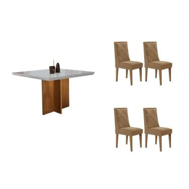 Imagem de Sala Jantar Mesa Berlim Tampo c/ Vidro Curvo 90cm+4 Cadeiras Pietá Madeira Naturale/Off White - Capuccino/Linho Bege - Rufato
