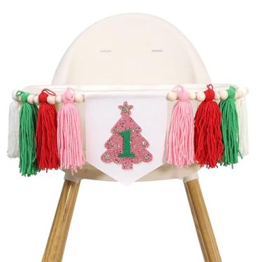 Imagem de Banner de cadeira alta com borla de Natal - Suporte para foto de primeiro aniversário de couro com glitter com tema de árvore de Natal, decoração de festa de Natal para bebês meninas meninos 1ª