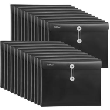 Imagem de WORPSON Envelopes expansíveis de plástico, pastas de documentos, para letra A4, com fecho de cordão - expansão de 3,5 cm - para escola, escritório e casa (preto, horizontal)