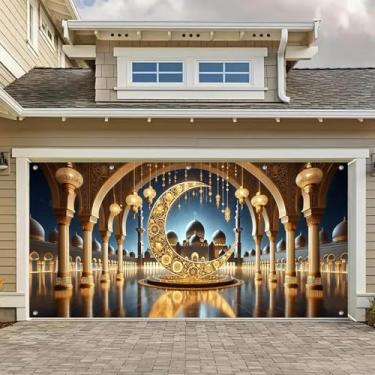 Imagem de HOMETITUTE Eid Ramadan Capa para porta de garagem 4 x 1,8 m Faixa crescente para porta de garagem Ramadã Mubarak Banner para pendurar ao ar livre Eid Mubarak pano de fundo de garagens para exibição de