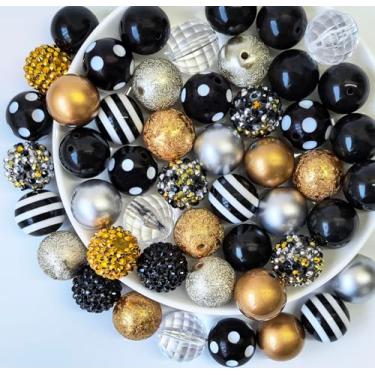 Imagem de Contas de chiclete de 20 mm para fazer canetas, 50 peças de contas grandes para canetas, mistura a granel de chiclete, contas coloridas de strass para fabricação de joias (preto dourado)
