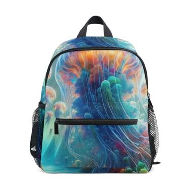 Imagem de GAIGEO Jellyfish Sea Colorful Blue Mini Backpack for Kids Backpack for Girls with Front Pocket, Safety Whistle for Ages 3-8