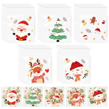 Imagem de Zyzhogar 100 unidades de sacos de guloseimas de celofane de Natal, sacos autoadesivos de biscoito de Natal com 5 designs de padrões, sacos de presentes de Natal transparentes para presente, bolo