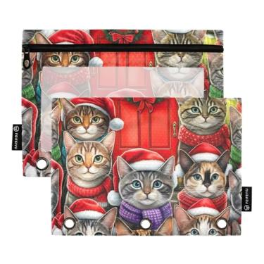 Imagem de GAIGEO Cute Cats Bolsa de lápis de Natal com 3 anéis, fichário com zíper, sacos de lápis, escritório, escola, fichários, bolsos, armazenamento 25 x 18 cm, 2 pacotes