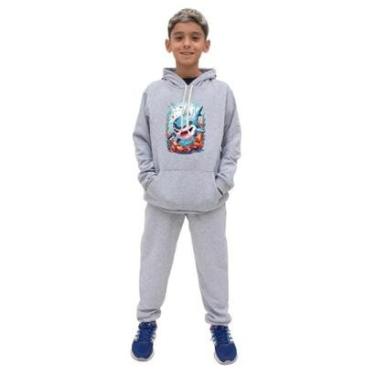 Imagem de Conjunto Infantil Menino Estampa Tubarao Blusa Canguru e Calça Moletom Toque Macio-Masculino