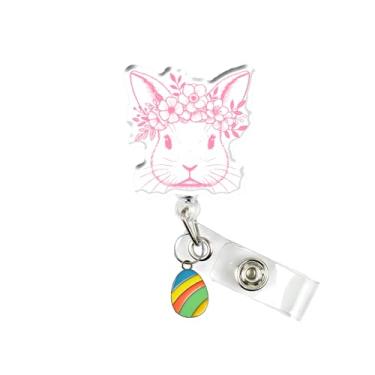 Imagem de Carretel de crachá de coelhinho rosa, porta-crachá retrátil de coelho floral com clipe jacaré, suporte de etiqueta de identificação de primavera de Páscoa, presente para enfermeira, médico, estudante